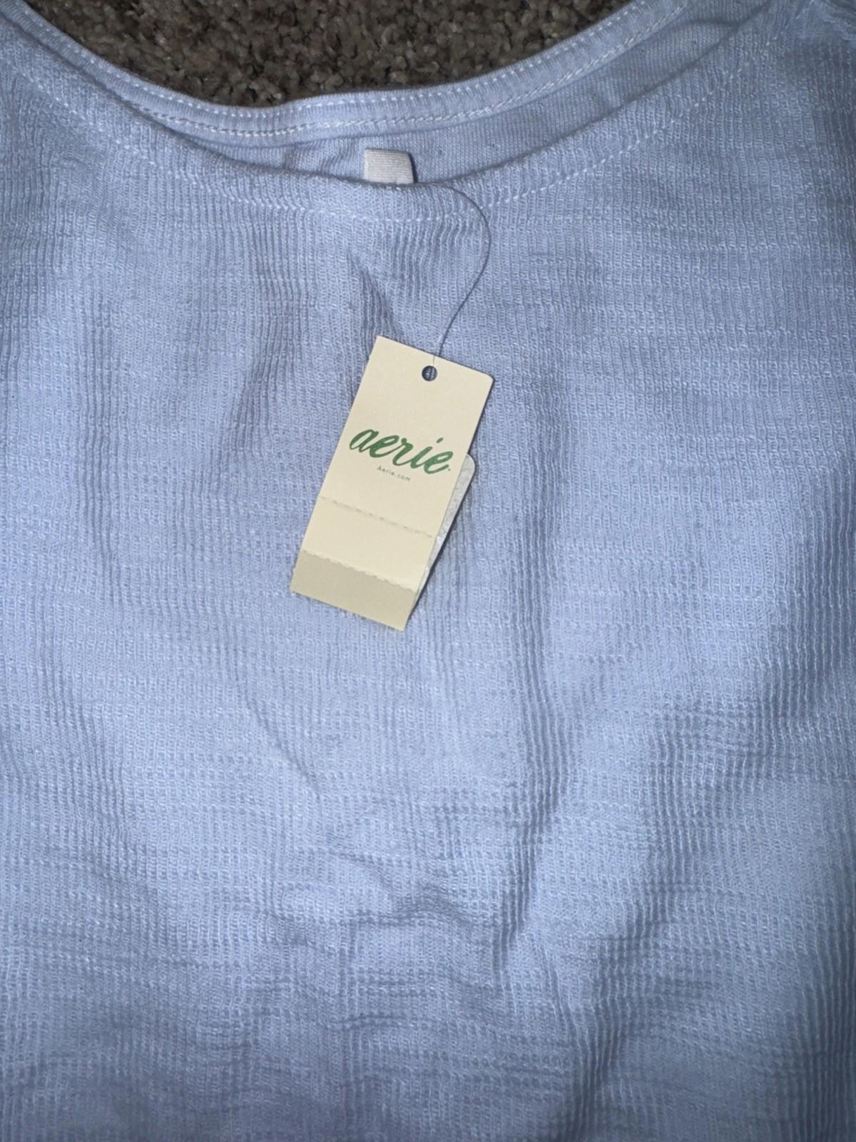 Aerie Endless Summer Cropped Sweatshirt Women's L Balloon Tie Sleeve Blue NWT