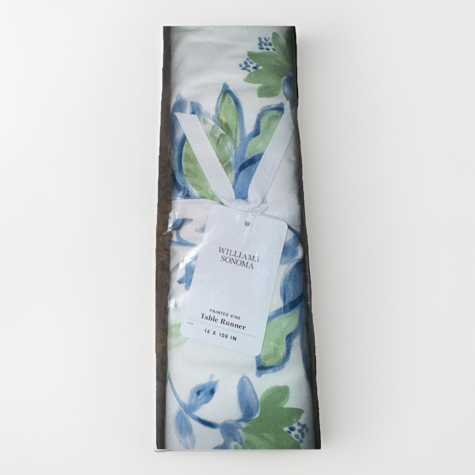 Williams Sonoma Painted Vine Table Runner Blue Green Berries Leaves 16” x 108”