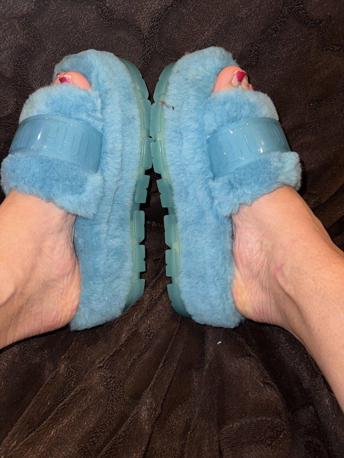 UGG Fluffita Women's Turquoise Fluffy Platform Slides Size 8