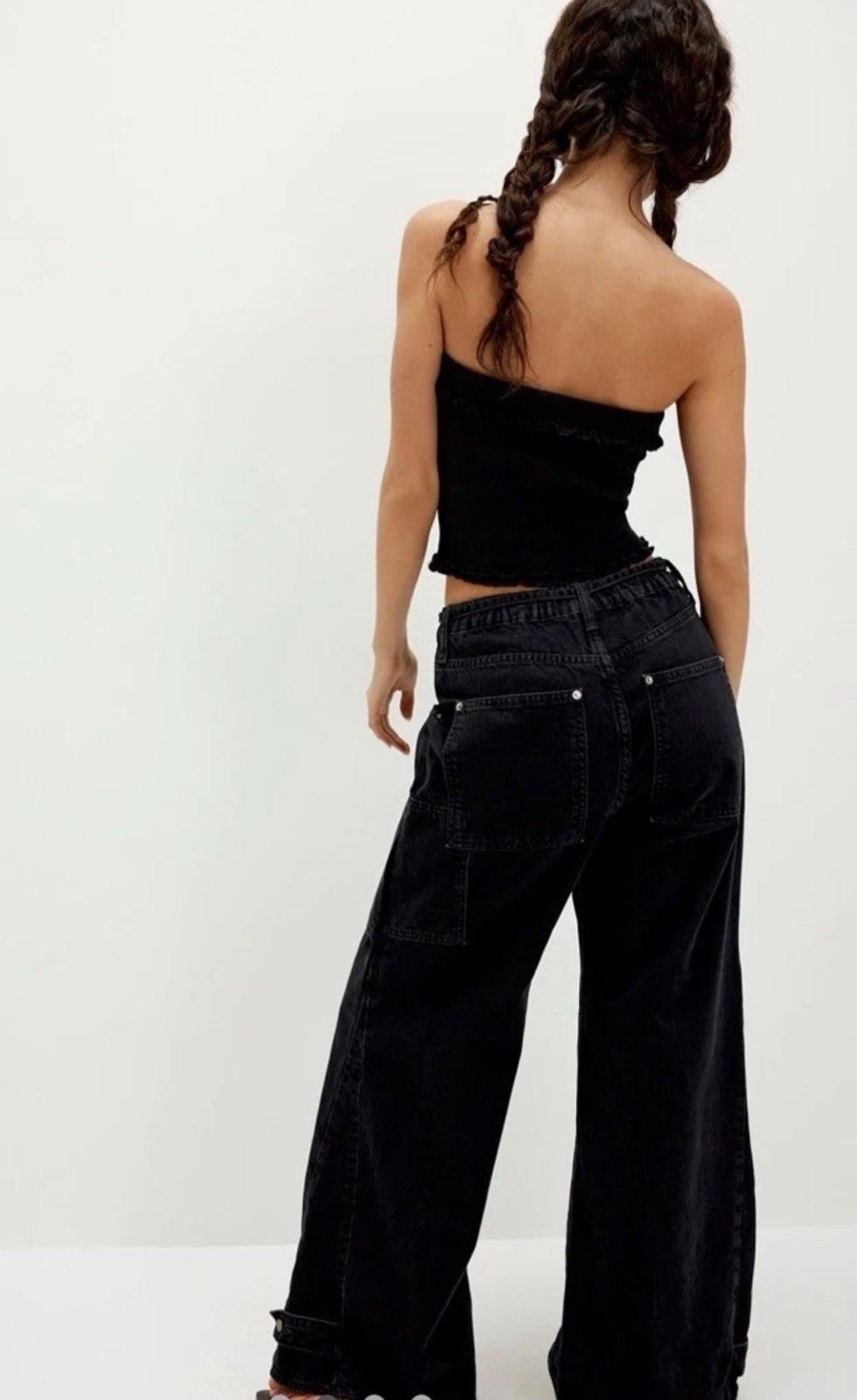 Free People CRVY Outlaw Wide Leg Jeans Distress Pockets Belt Black Jasper M NWT