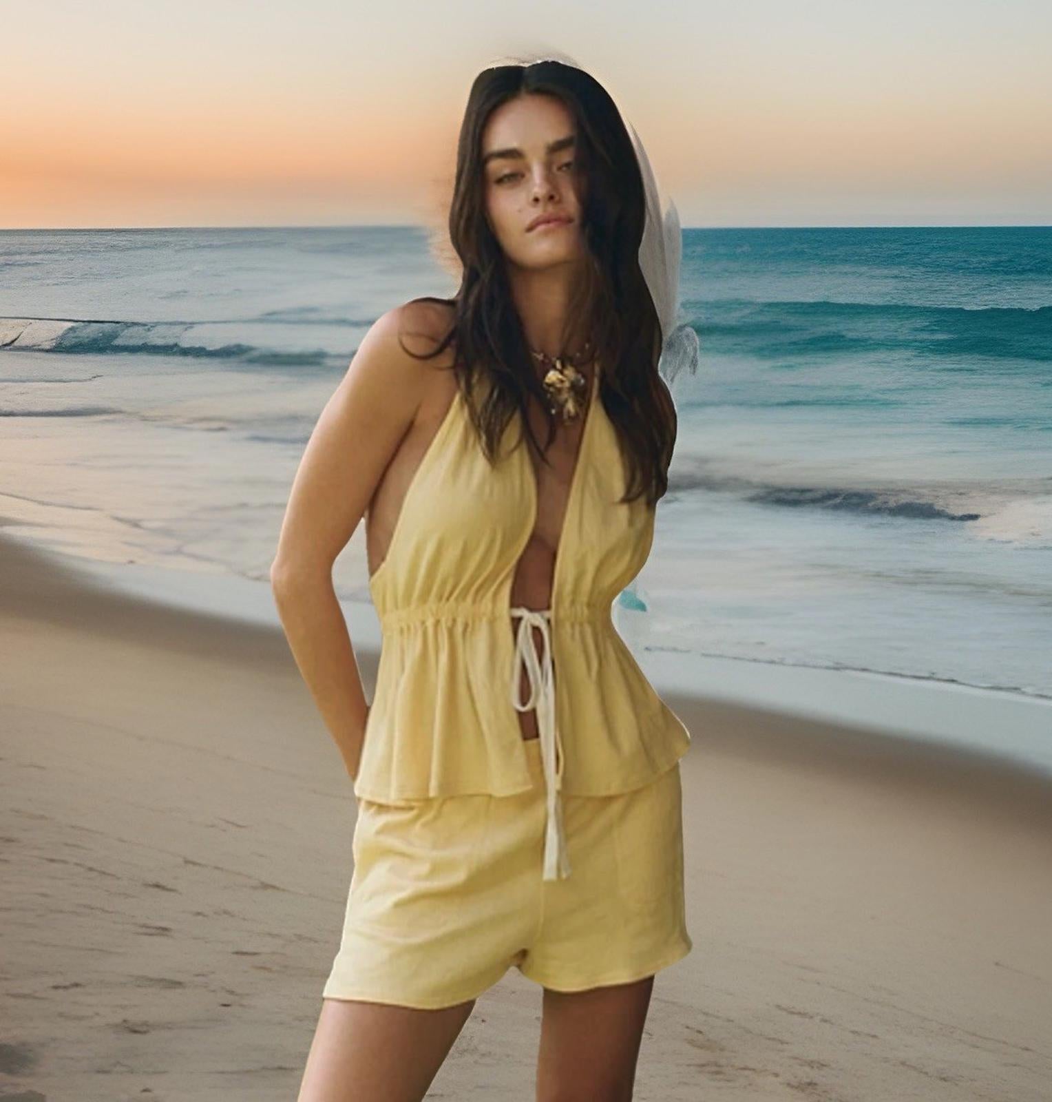 New Free People Free-est Allegra Set  YELLOW banana cream Vacay Sz Small