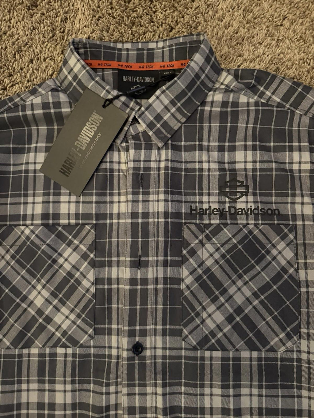 HARLEY DAVIDSON H-D TECH Coolmax Plaid Short Sleeve Shirt - Ghost Gray & Asphalt