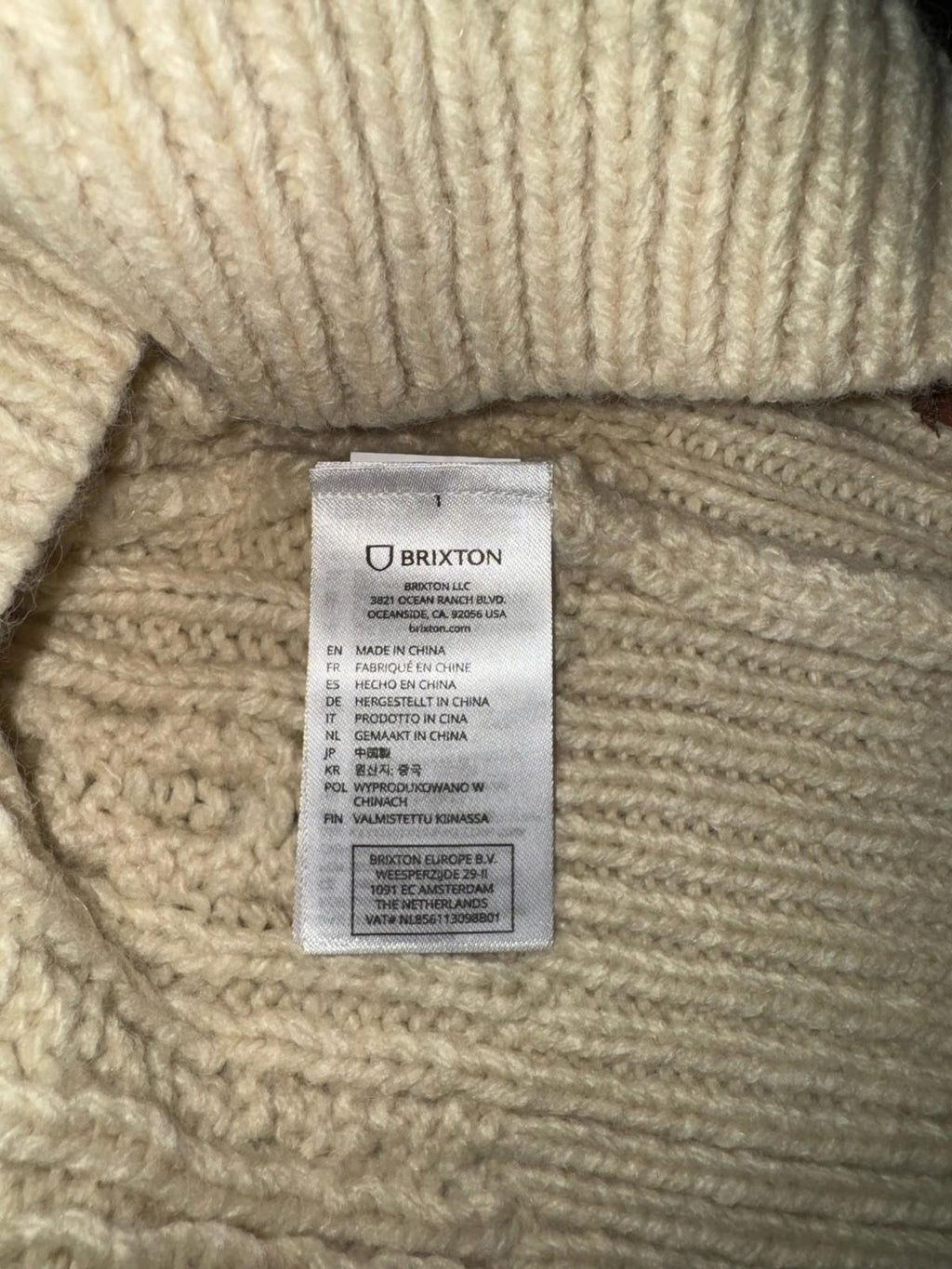 NEW Brixton Classic Fisherman Cable Knit Sweater in oatmeal color Size L