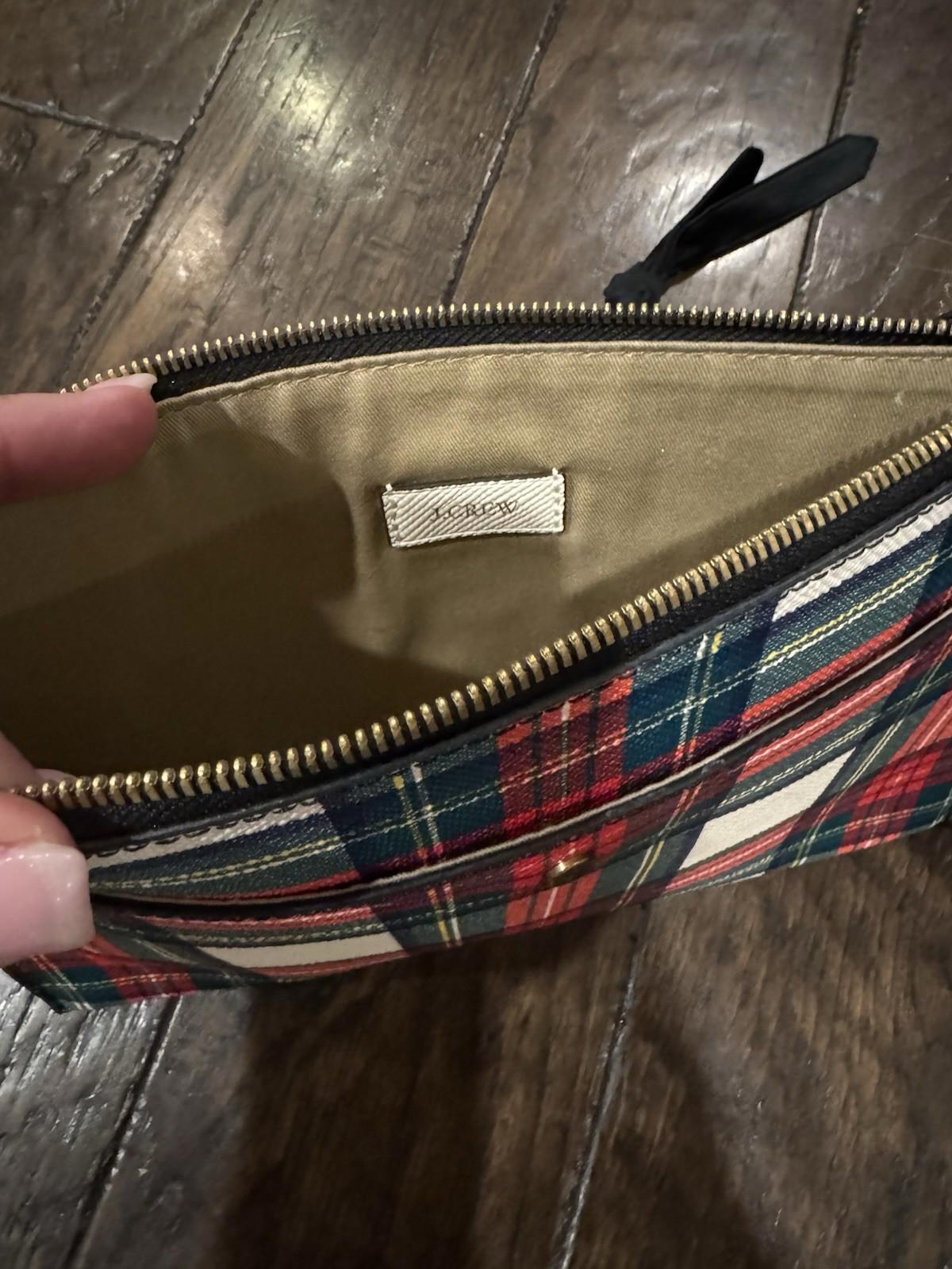 J. Crew Tartan Plaid Large Leather Pouch Clutch Bag