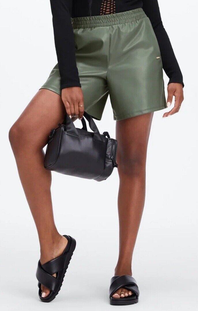 Fabletics Women's Vegan Leather High waisted Shorts Smoke green L NWT Stretch