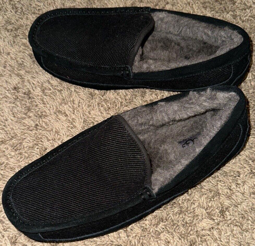 UGG Men's Ascot Slippers Sheepskin Suede Black Grey fur SZ 8