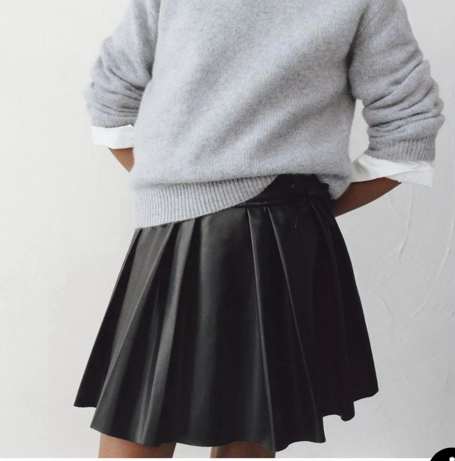 Zara Skirt Girls 13-14 Years Black Pleated Faux Leather Polyurethane Midi Youth