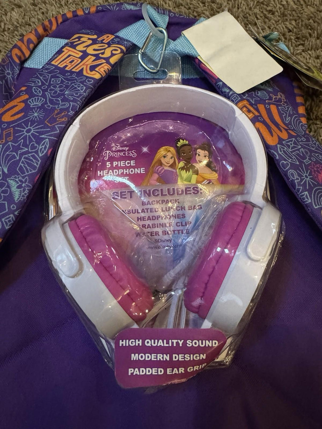 NEW! Disney Princess Kids 16" Backpack & Lunchbox Set With Headphones