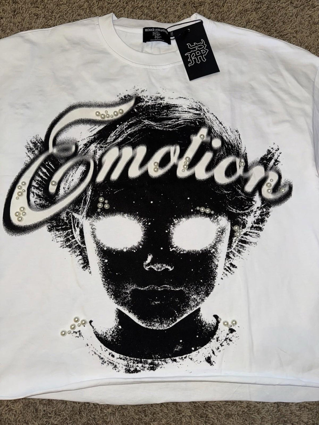 NEW Mixed Emotion White PEARL Cropped Tee Mens Streetwear High-Quality XXL