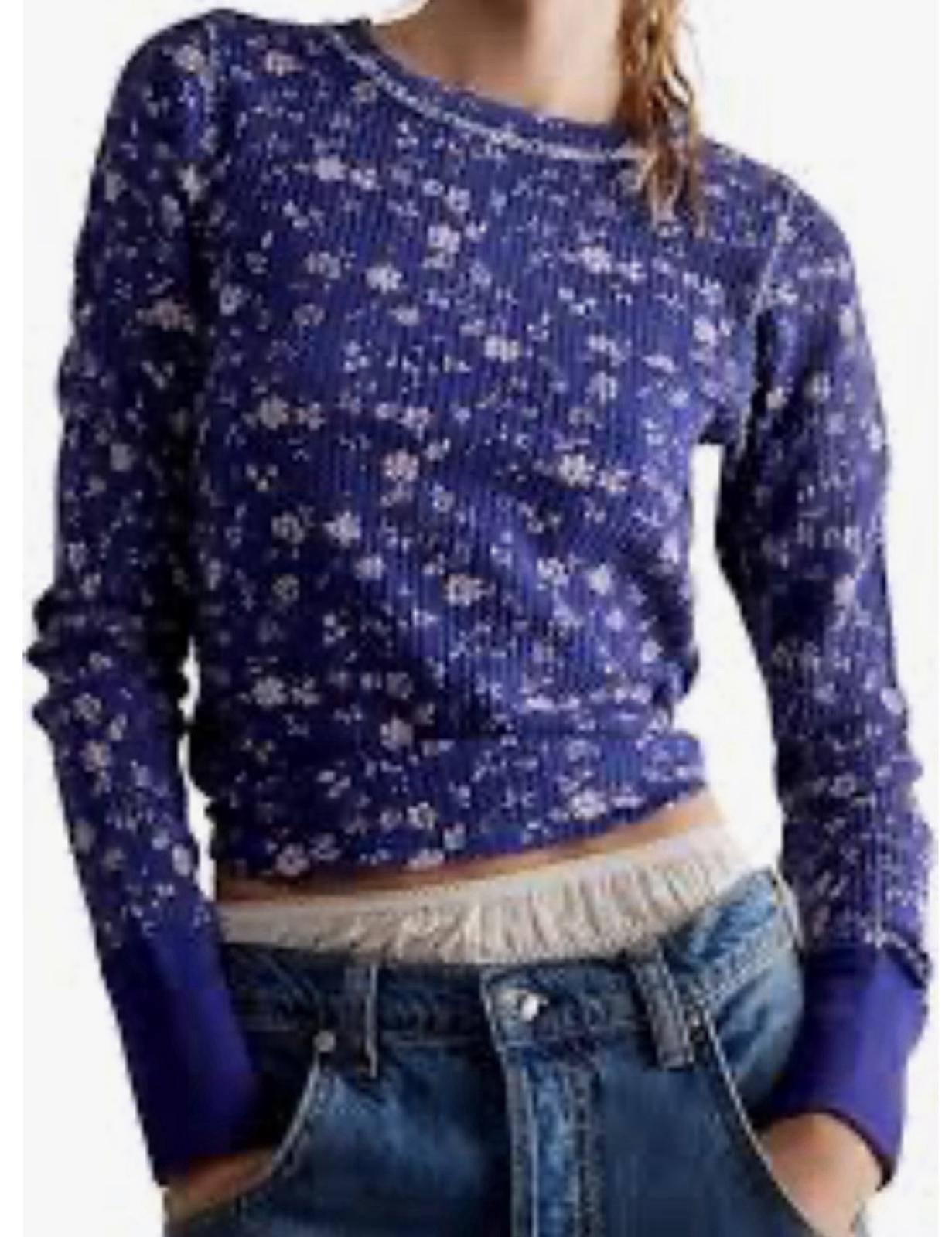 NEW FREE PEOPLE WE THE FREE BLUE FLORAL PRETTY LITTLE THERMAL TOP SHIRT SZ XS
