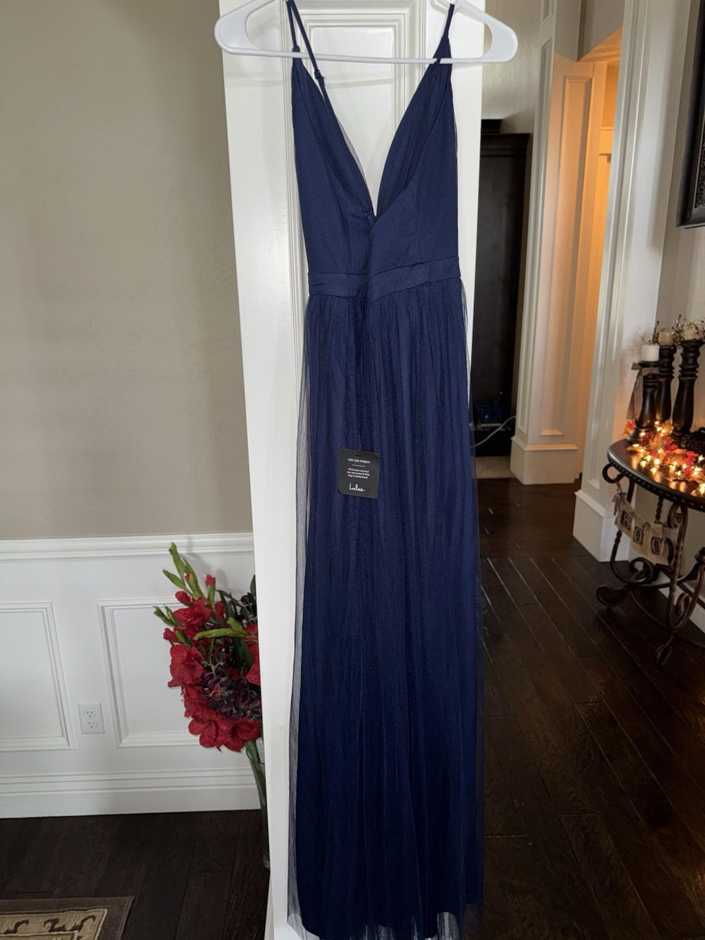 Lulus Rare Beauty Navy Blue Tulle Backless Maxi Dress M NEW!