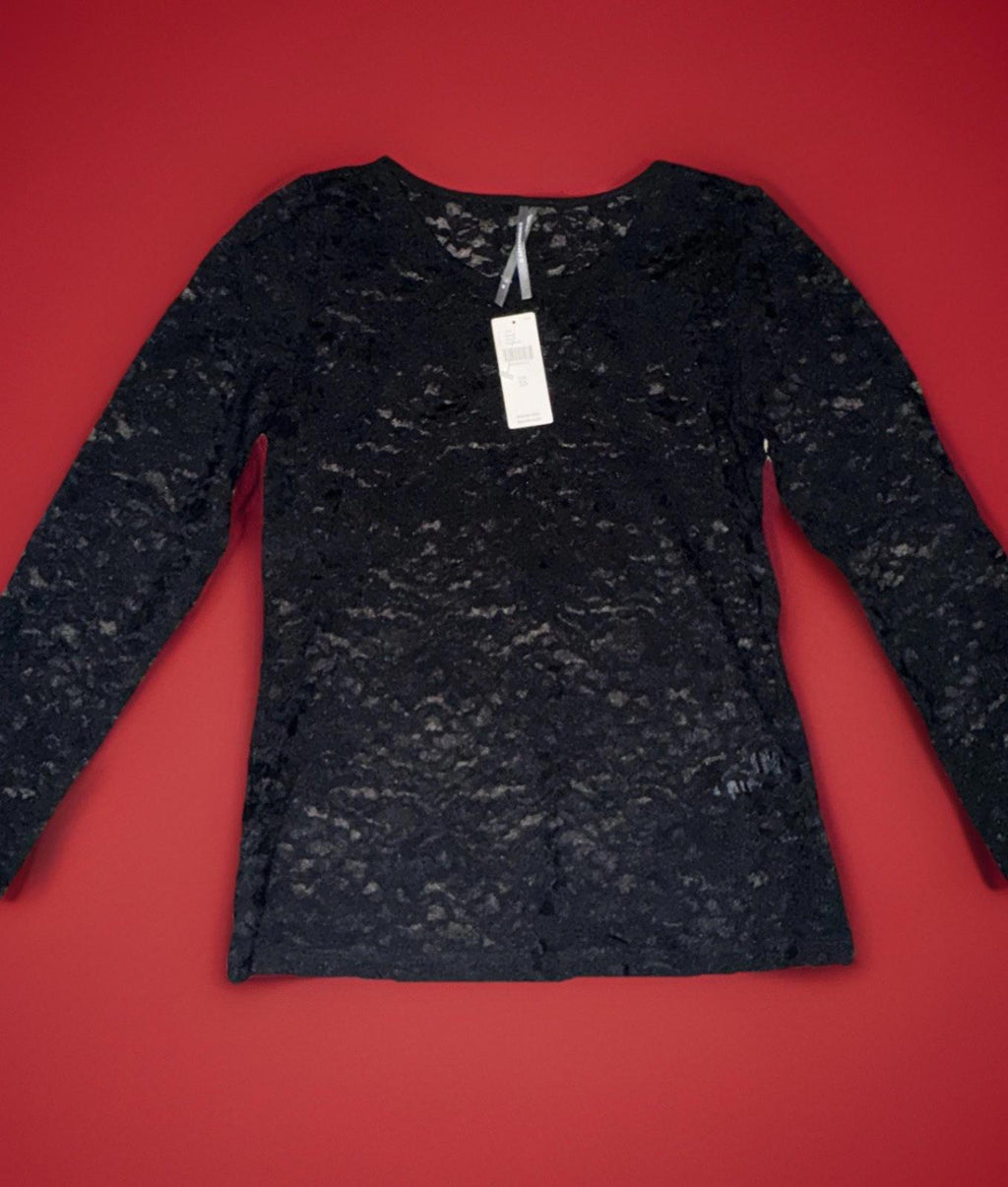 NWT Anthropologie Women Long-Sleeve Lace Crew-Neck Top NEW Black XS