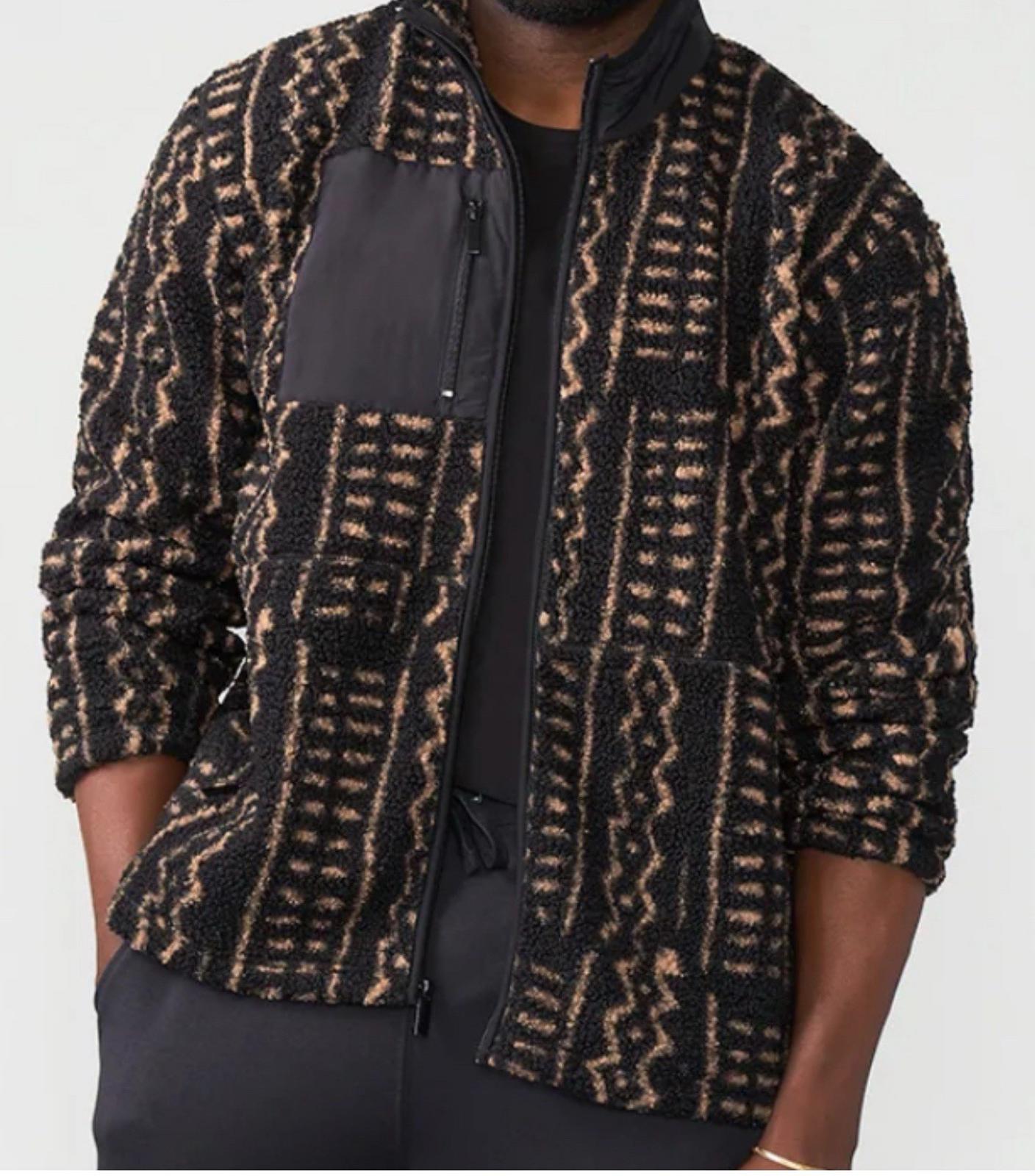 NEW D’iyanu Gatimu Men's African Print Teddy Fleece Jacket (Tan Tribal Lines) XL