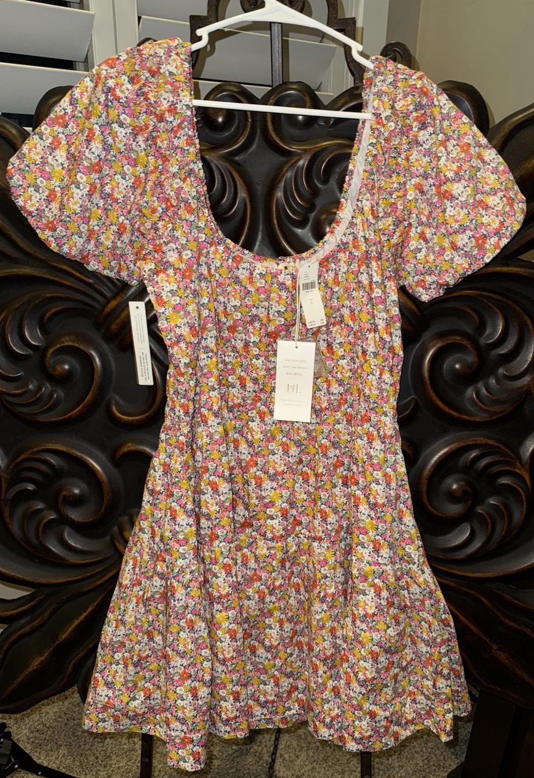 For Love & Lemons Libby Mini Dress in Orange Floral LG Short Sleeve Lined
