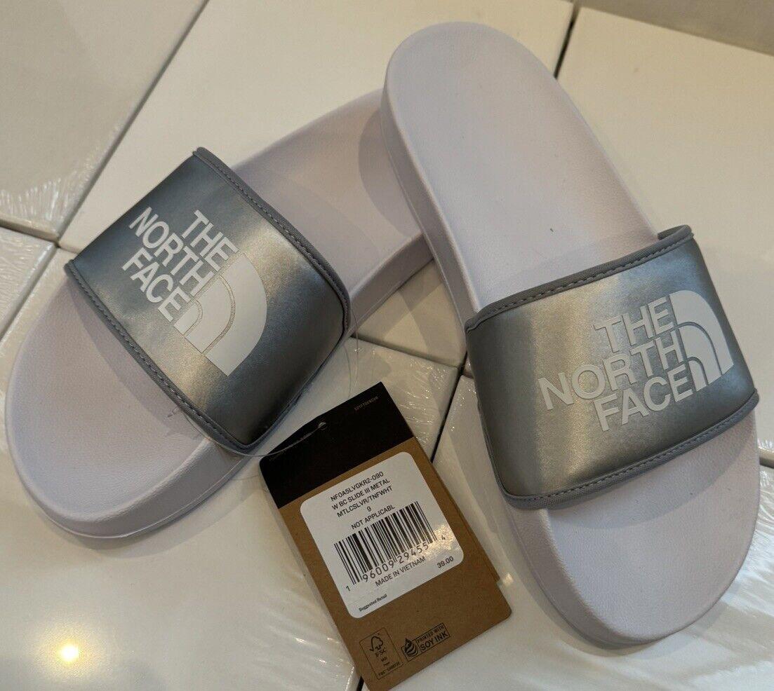 NORTH FACE WOMENS METALLIC SILVER BASE CAMP SLIDES NEW 10