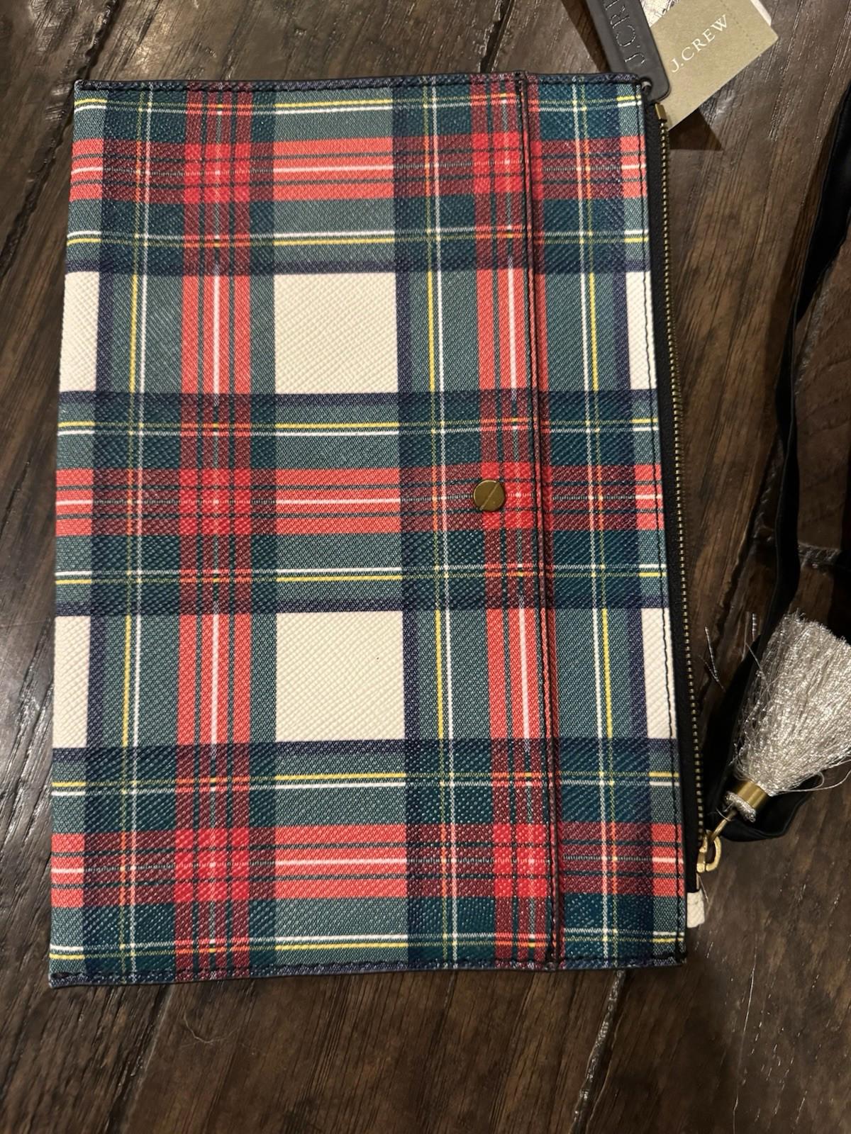 J. Crew Tartan Plaid Large Leather Pouch Clutch Bag