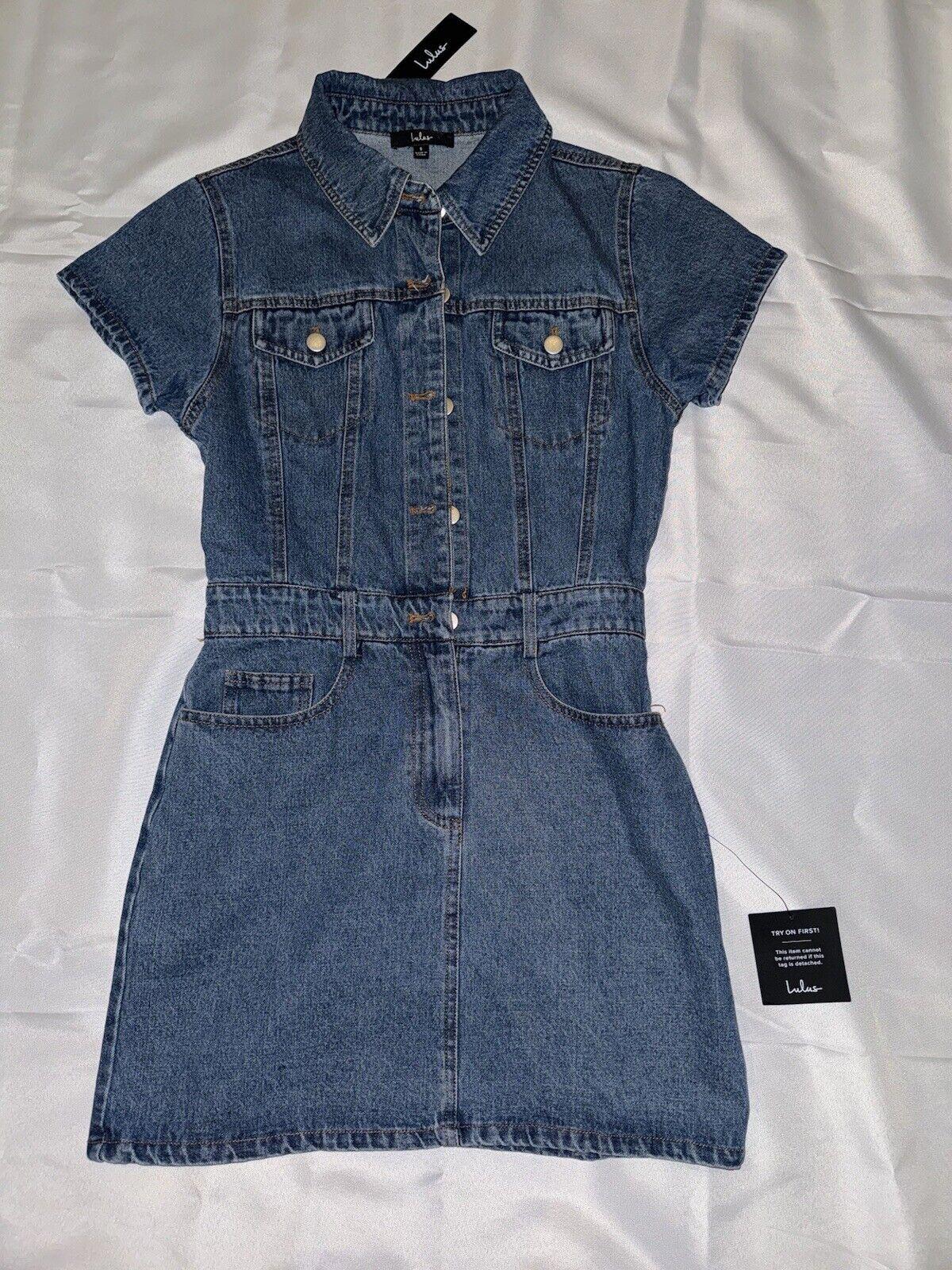 Lulu’s Ready to Charm Short Sleeve Denim Mini Dress Sz Small
