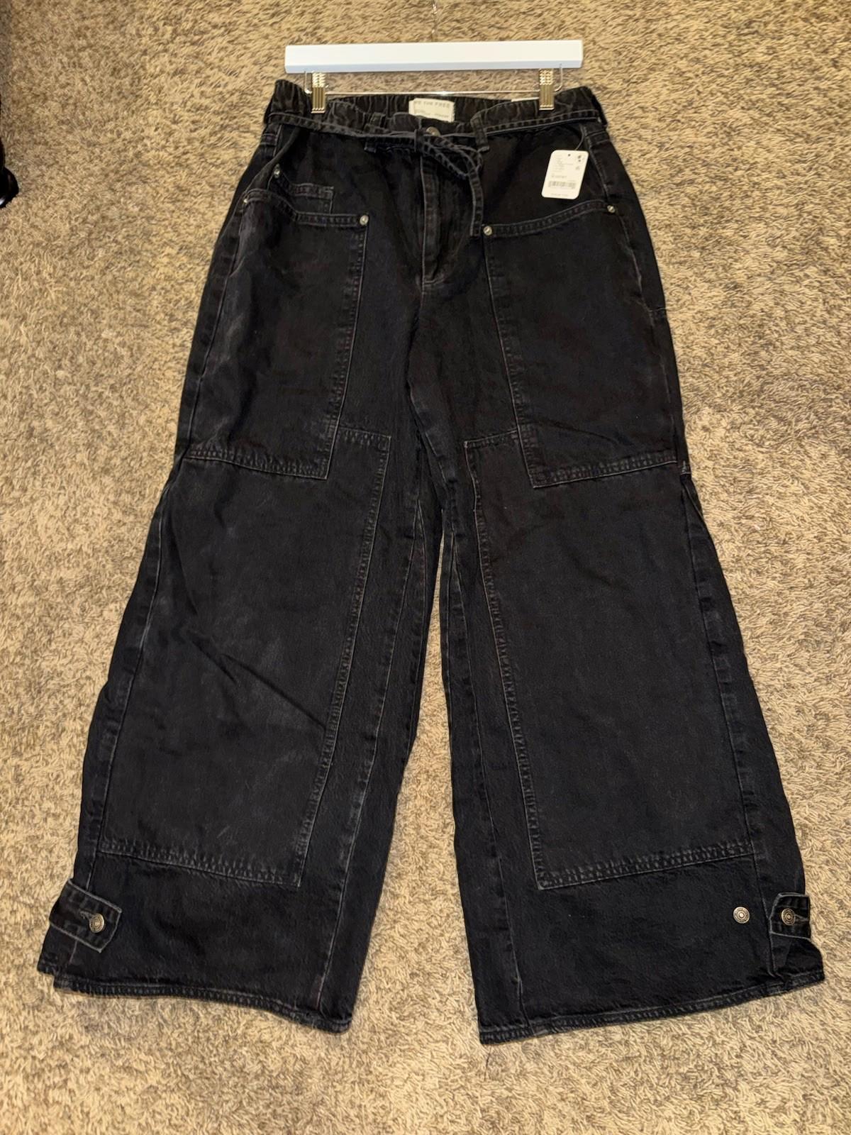 Free People CRVY Outlaw Wide Leg Jeans Distress Pockets Belt Black Jasper M NWT