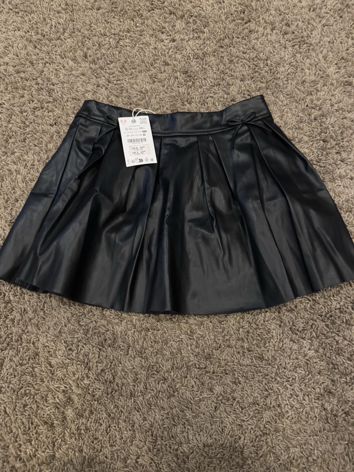 Zara Skirt Girls 13-14 Years Black Pleated Faux Leather Polyurethane Midi Youth