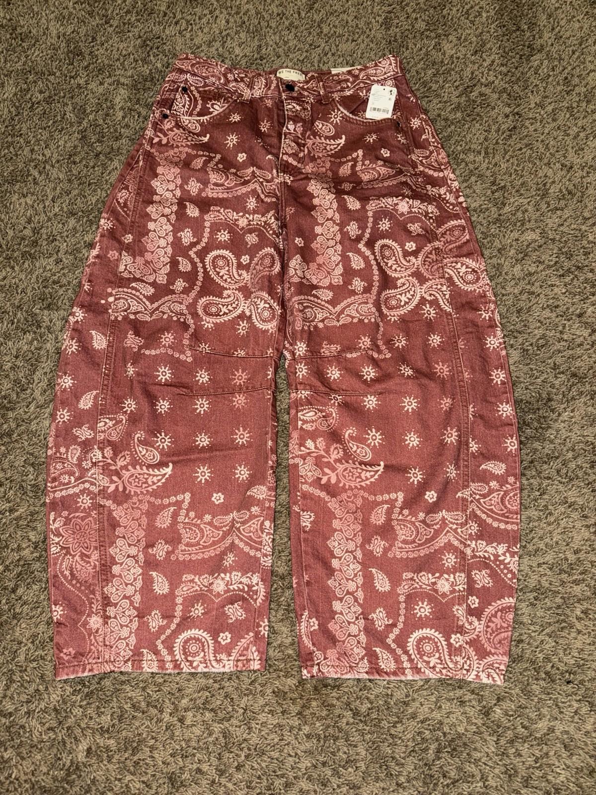 FREE PEOPLE We The Free Good Luck Printed Barrel Jeans Sz 31 Bandana Block NEW