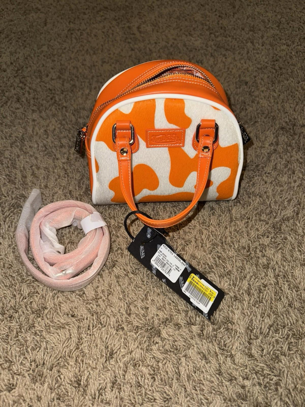 Von Dutch Orange Cow Print Bowling Bag Purse: NEW!