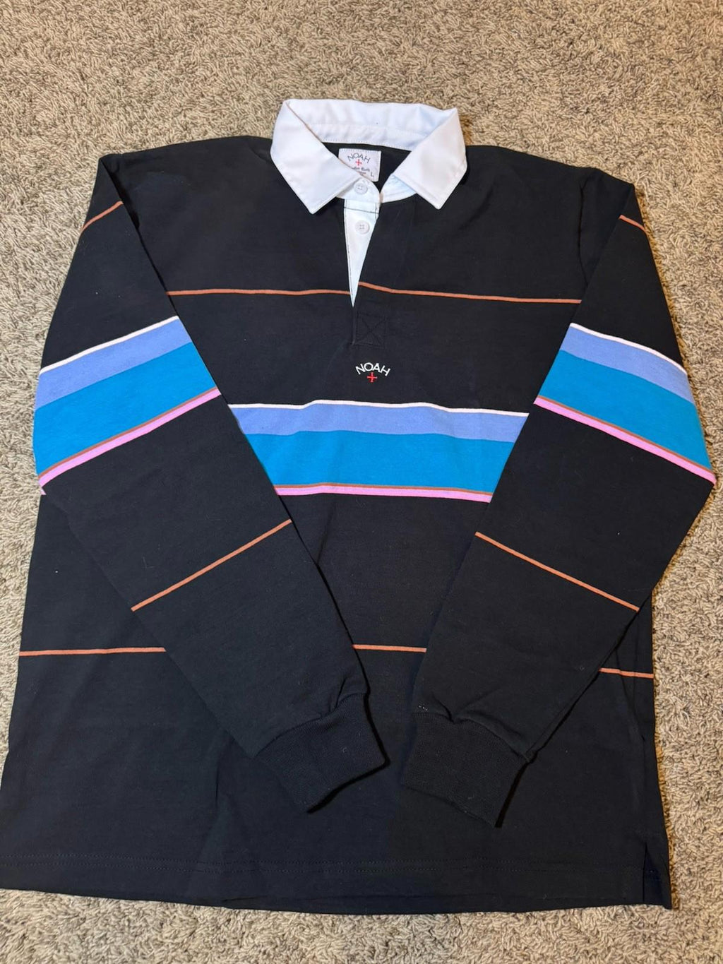 Noah NY Mens Practice Cloth Rugby Shirt LARGE Striped White Collar Logo