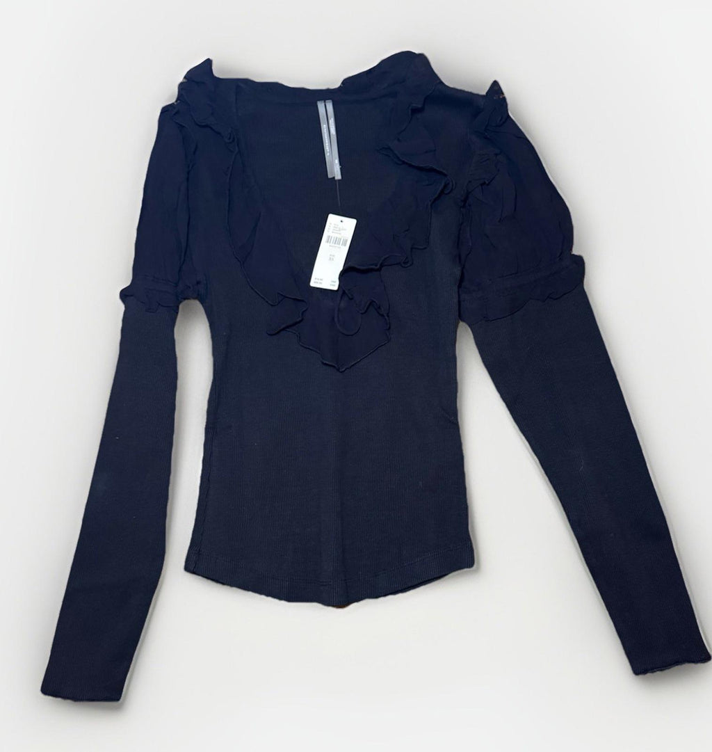 BY ANTHROPOLOGIE Long-Sleeve Ruffle Top Women's Size S Black