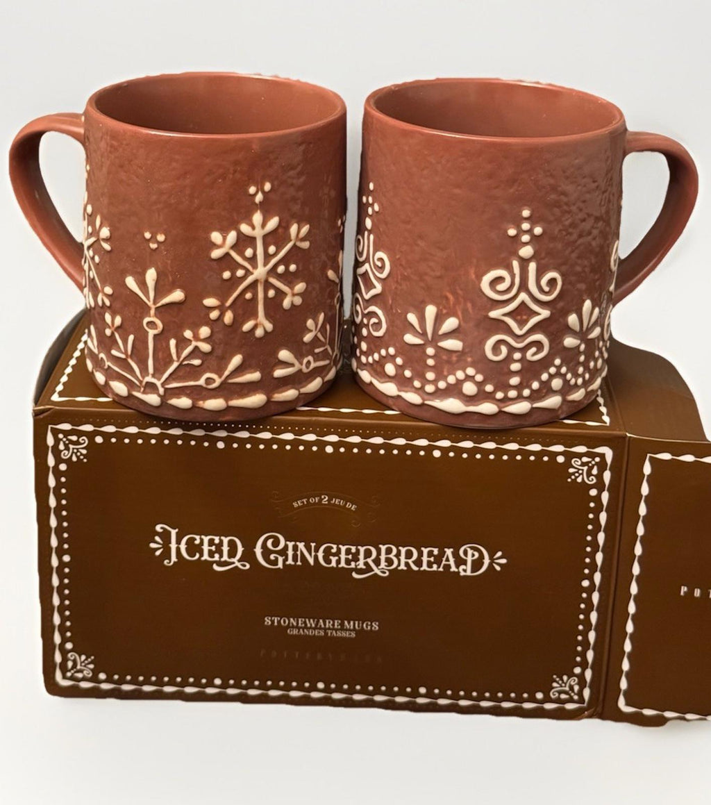 2 Pottery Barn Iced Gingerbread Stoneware Mugs - Both Snowflake Pattern New Box