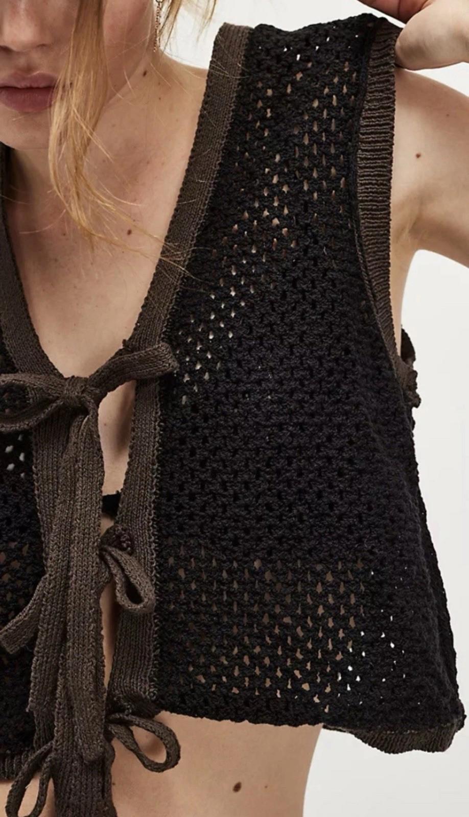 NWT Medium Free People  Festival Crochet Vest New Black Brown