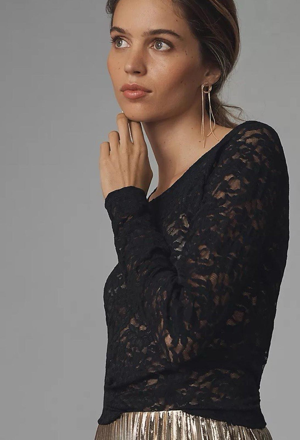 NWT Anthropologie Women Long-Sleeve Lace Crew-Neck Top NEW Black XS