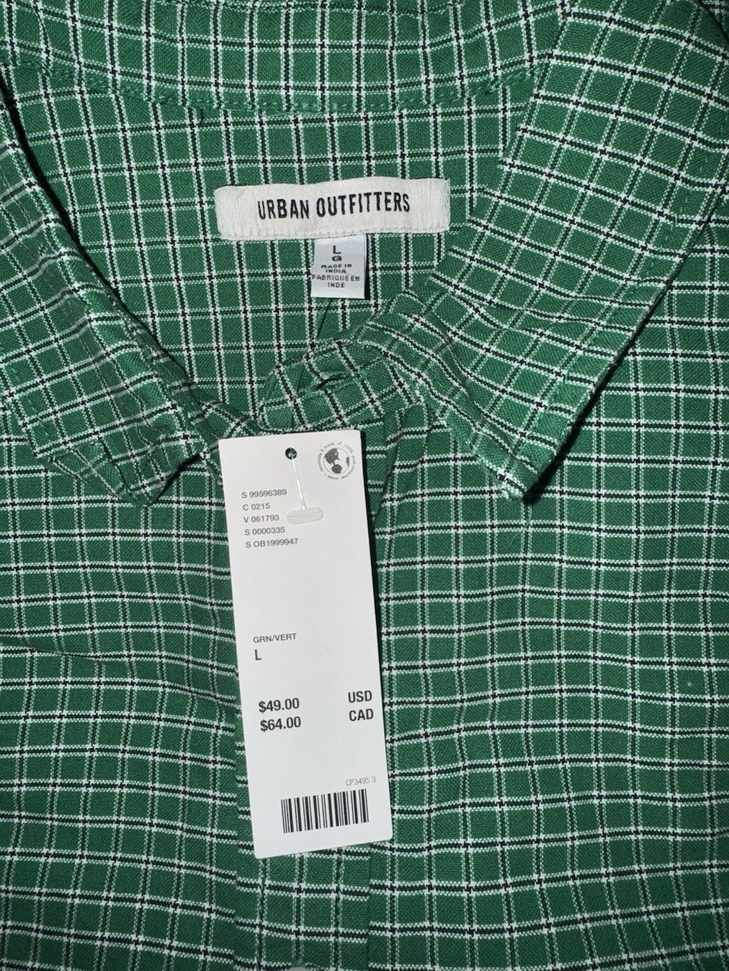 NEW UO Check Pattern Cutoff Oxford Shirt L GREEN. NWT