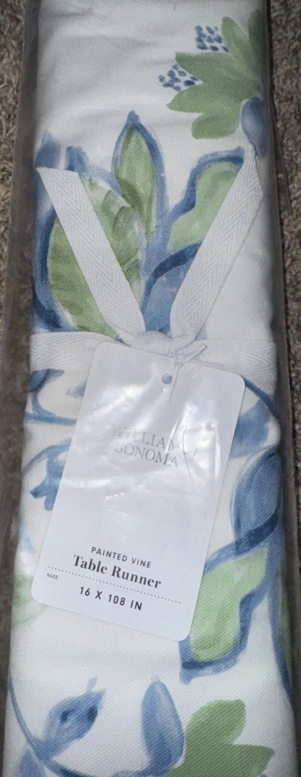 Williams Sonoma Painted Vine Table Runner Blue Green Berries Leaves 16” x 108”