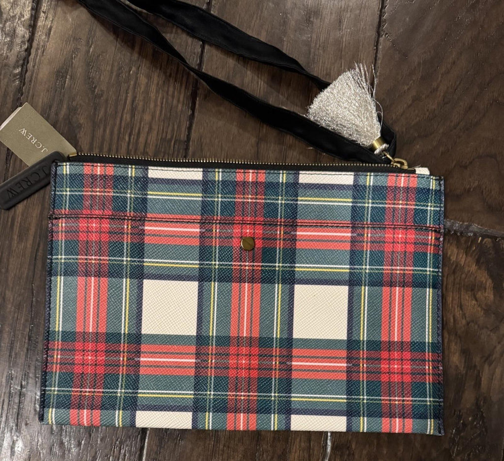 J. Crew Tartan Plaid Large Leather Pouch Clutch Bag