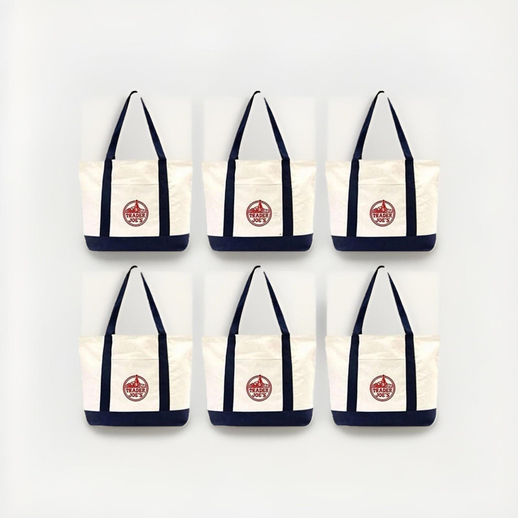 NEW LOT of 6 Trader Joe's Canvas Grocery Reusable Tote Bag Navy cream Large NIH