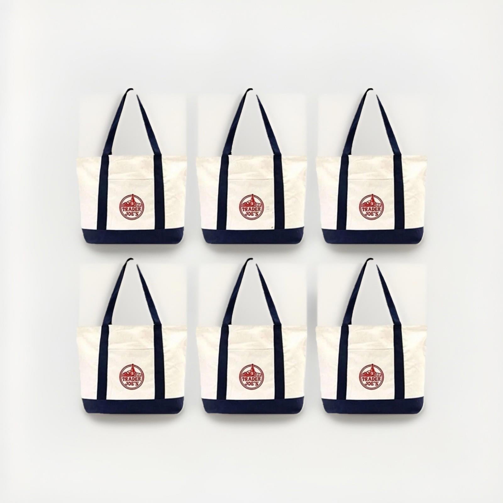 NEW LOT of 6 Trader Joe's Canvas Grocery Reusable Tote Bag Navy cream Large NIH