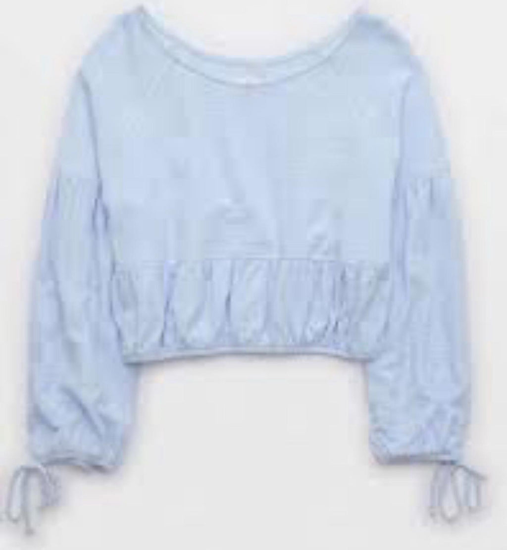 Aerie Endless Summer Cropped Sweatshirt Women's L Balloon Tie Sleeve Blue NWT