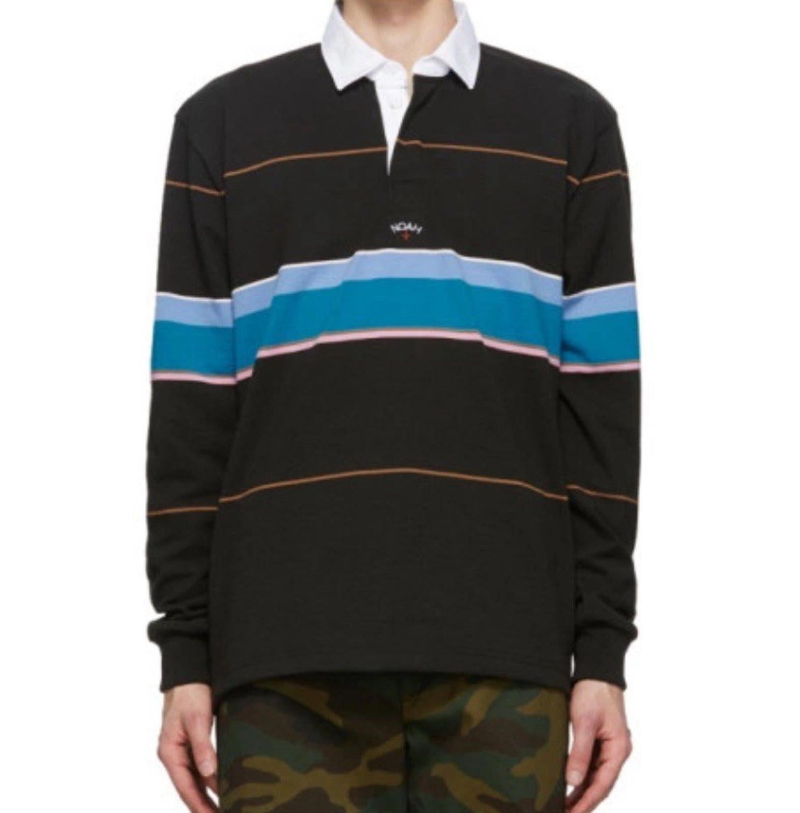 Noah NY Mens Practice Cloth Rugby Shirt LARGE Striped White Collar Logo