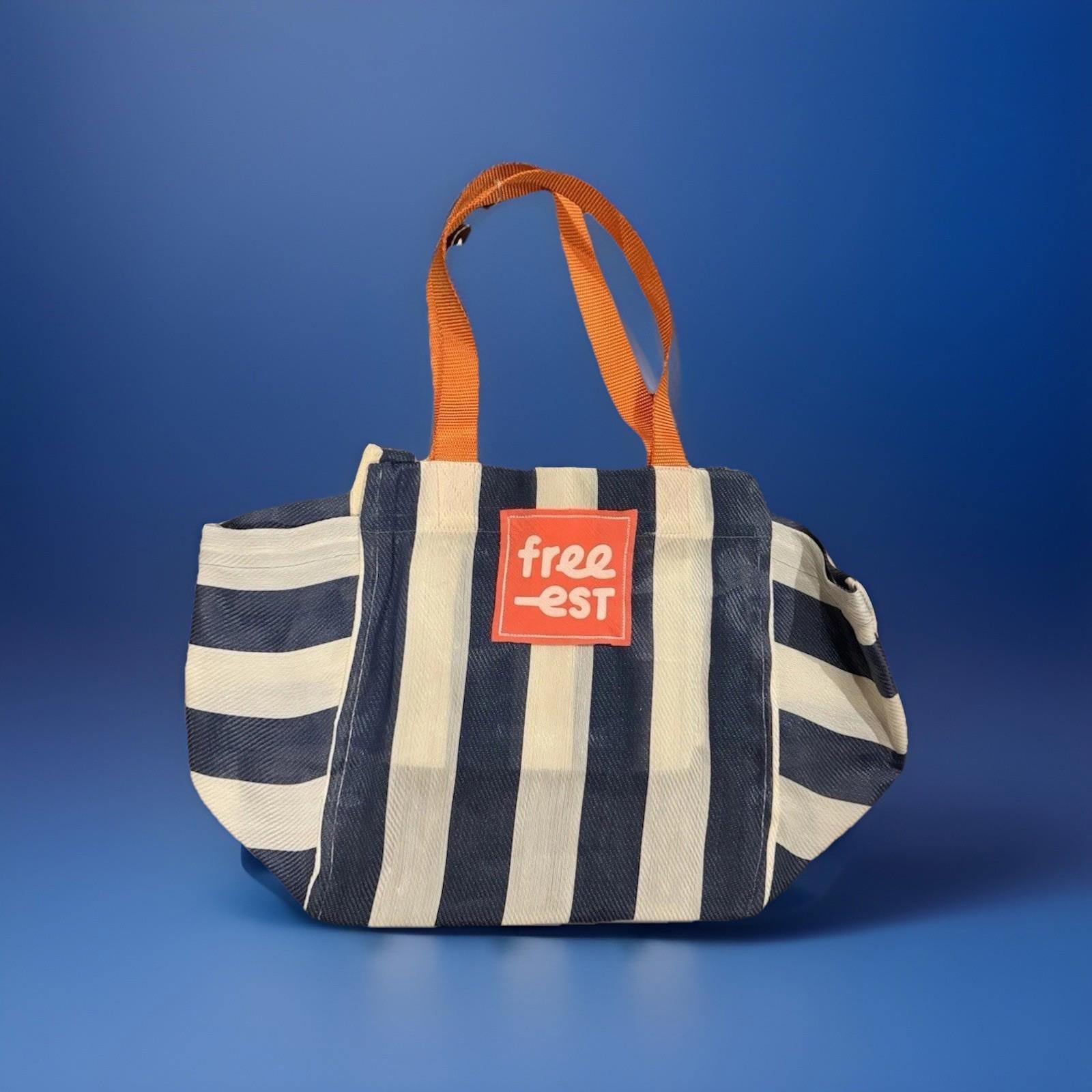 NEW Free People Free-est Striped Tote Bag, Blue and White with Pink Logo BNIP