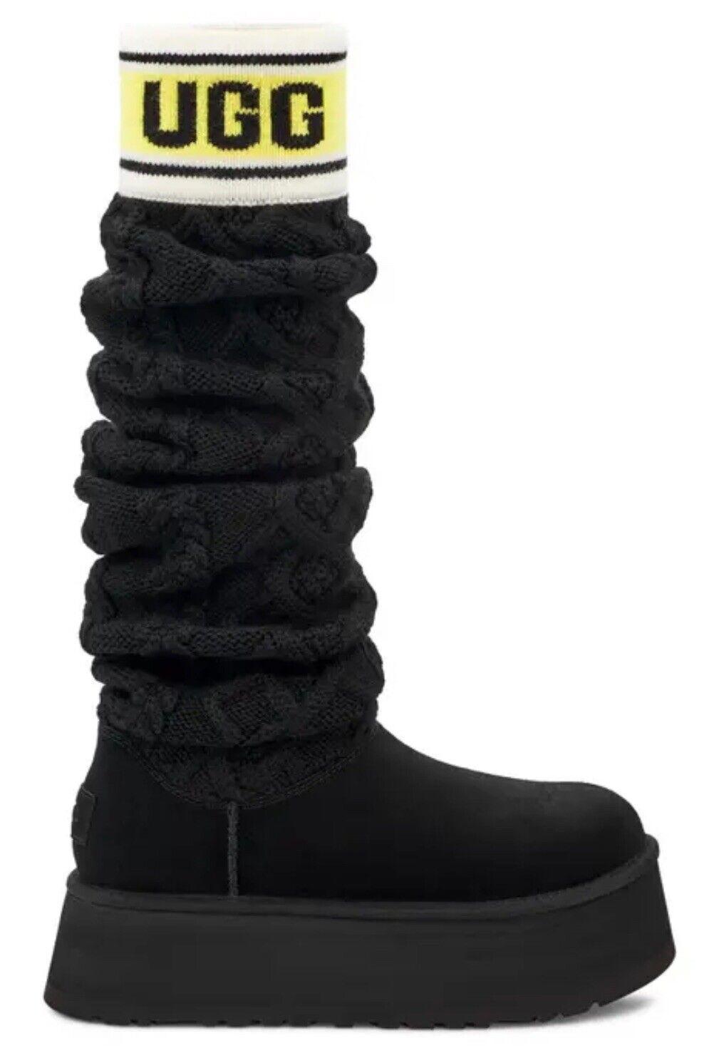 UGG Women Classic Sweater Letter Platform Black Boots Sz 9