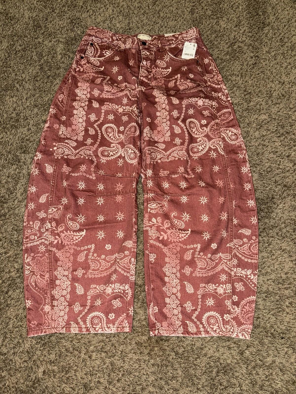 FREE PEOPLE We The Free Good Luck Printed Barrel Jeans Sz 30 Bandana Block NEW