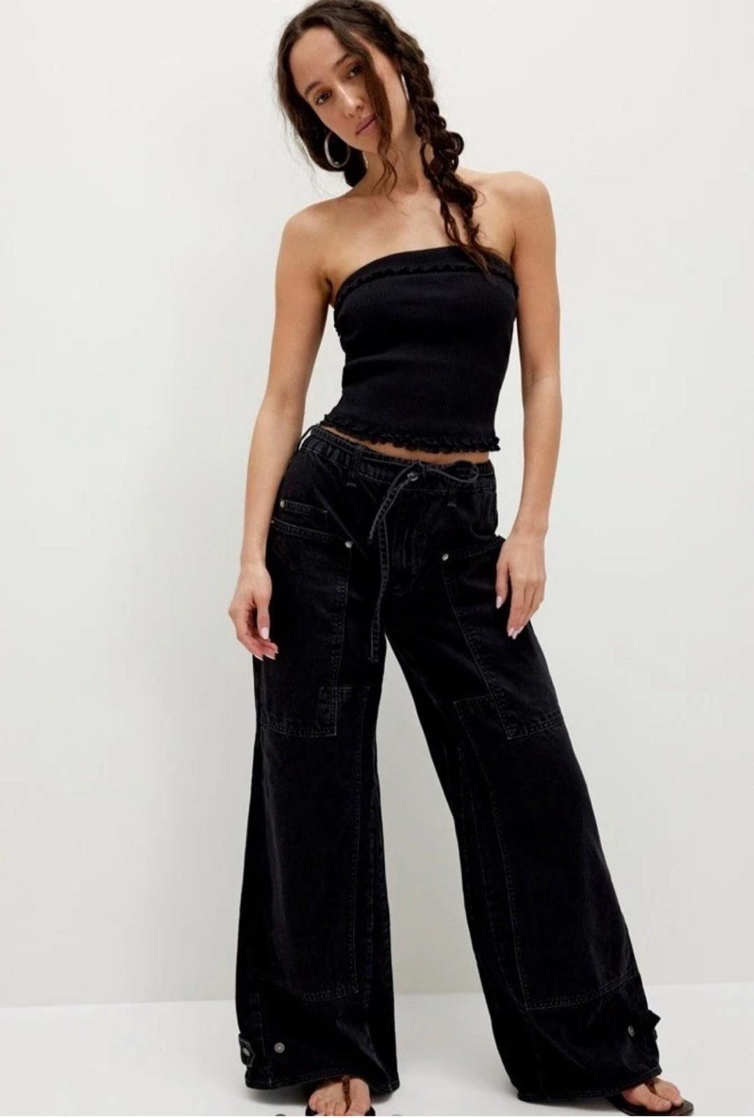 Free People CRVY Outlaw Wide Leg Jeans Distress Pockets Belt Black Jasper M NWT