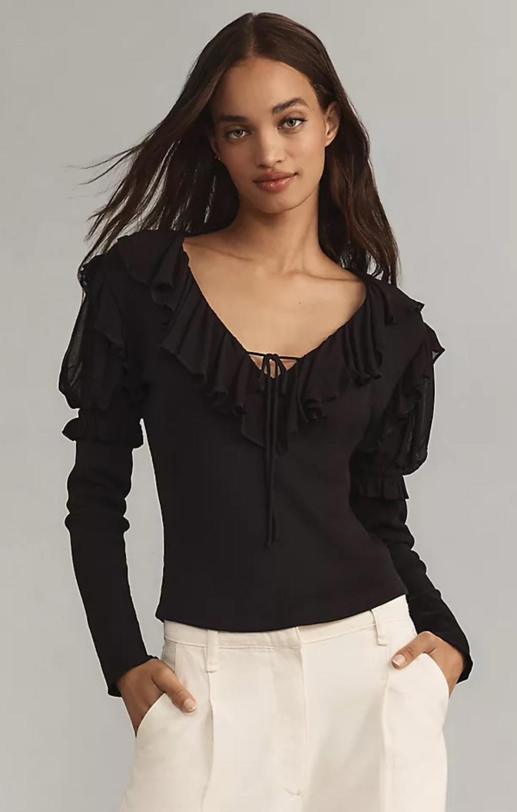 BY ANTHROPOLOGIE Long-Sleeve Ruffle Top Women's Size S Black