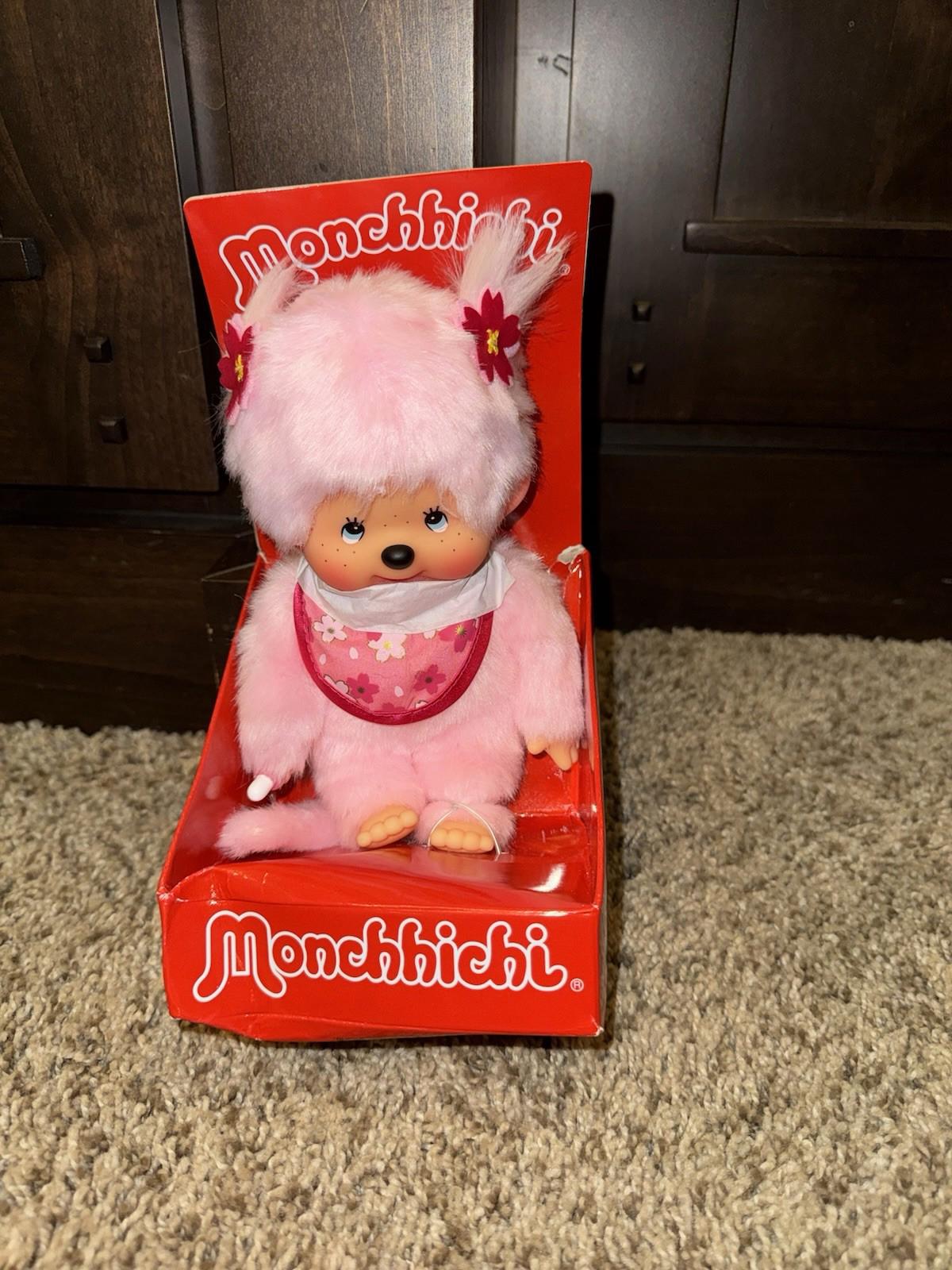 Monchhichi Sekiguchi Sakura Cherry Blossom Pink Plush Doll Rare Blue Eyes, NIB