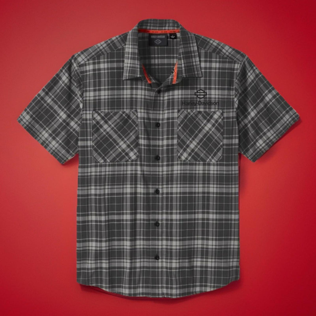 HARLEY DAVIDSON H-D TECH Coolmax Plaid Short Sleeve Shirt - Ghost Gray & Asphalt