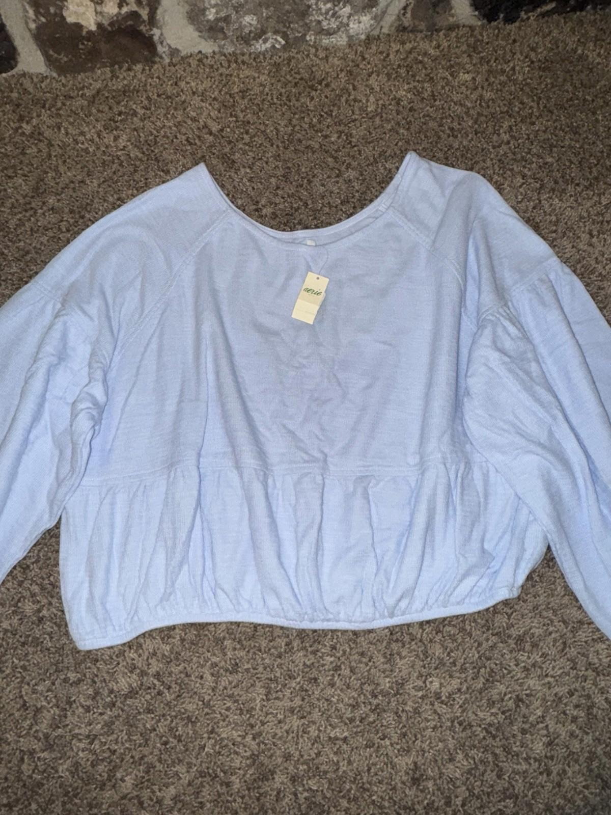 Aerie Endless Summer Cropped Sweatshirt Women's L Balloon Tie Sleeve Blue NWT