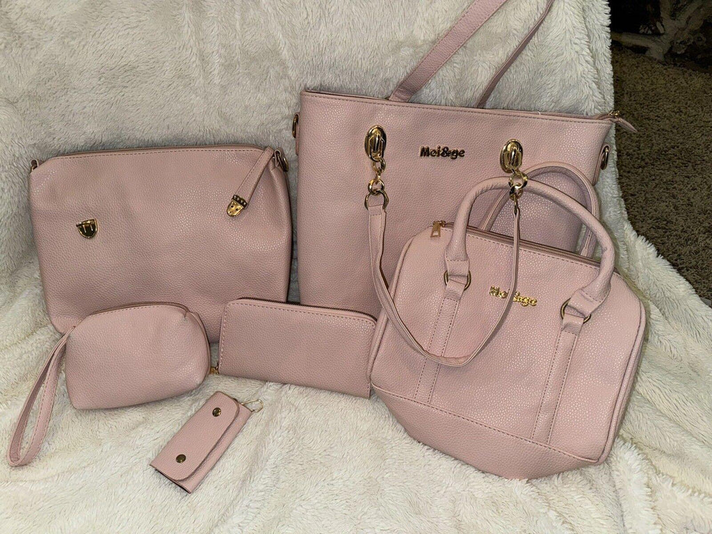 Mei & Ge pink 6-pc Set, Purse, Wallet, Makeup Bag, Clutch,