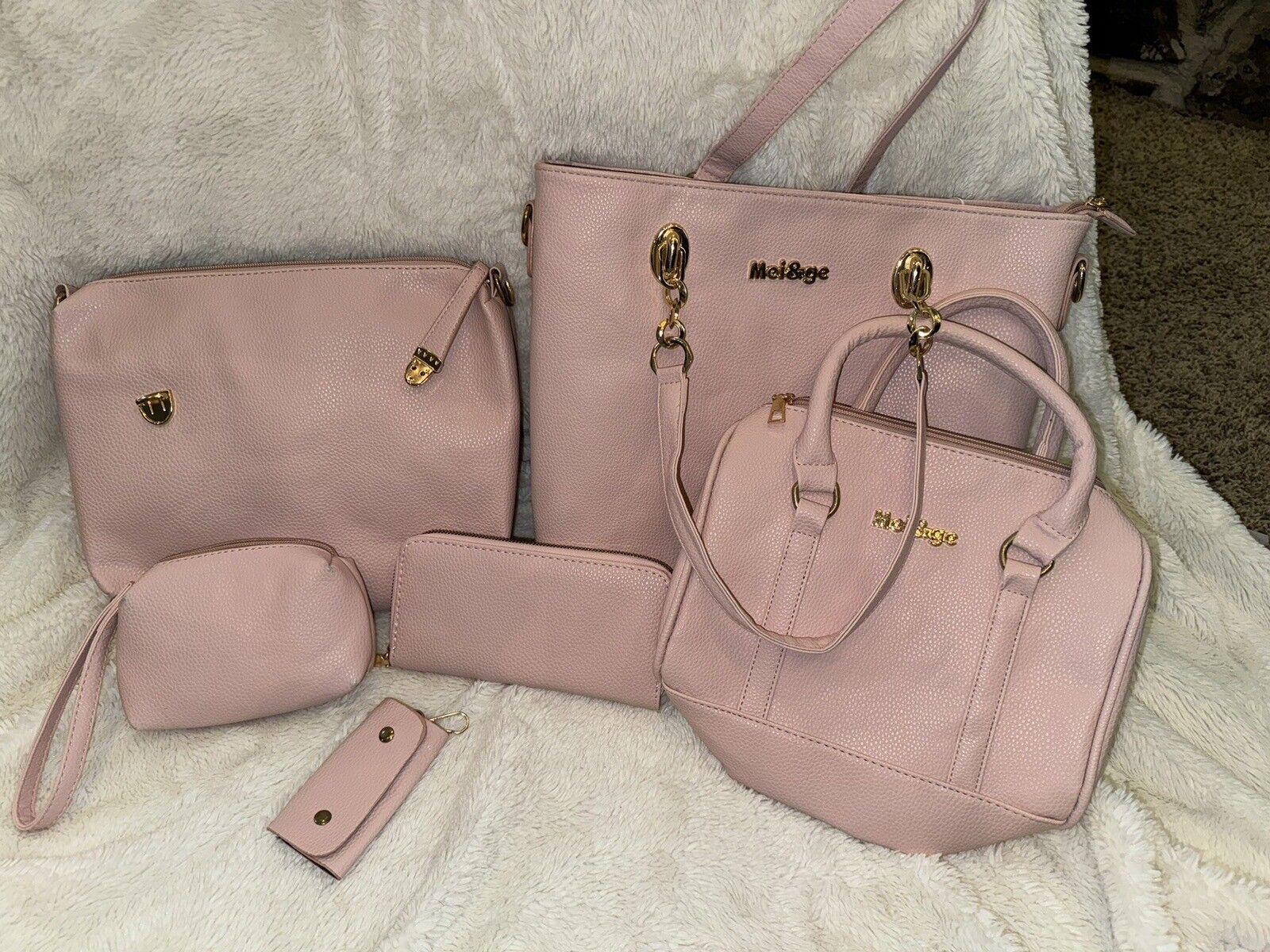 Mei & Ge pink 6-pc Set, Purse, Wallet, Makeup Bag, Clutch,