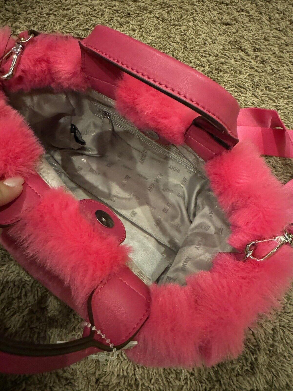 Pink DKNY Purse Handbag Satchel Fluffy Fur MSRP $148