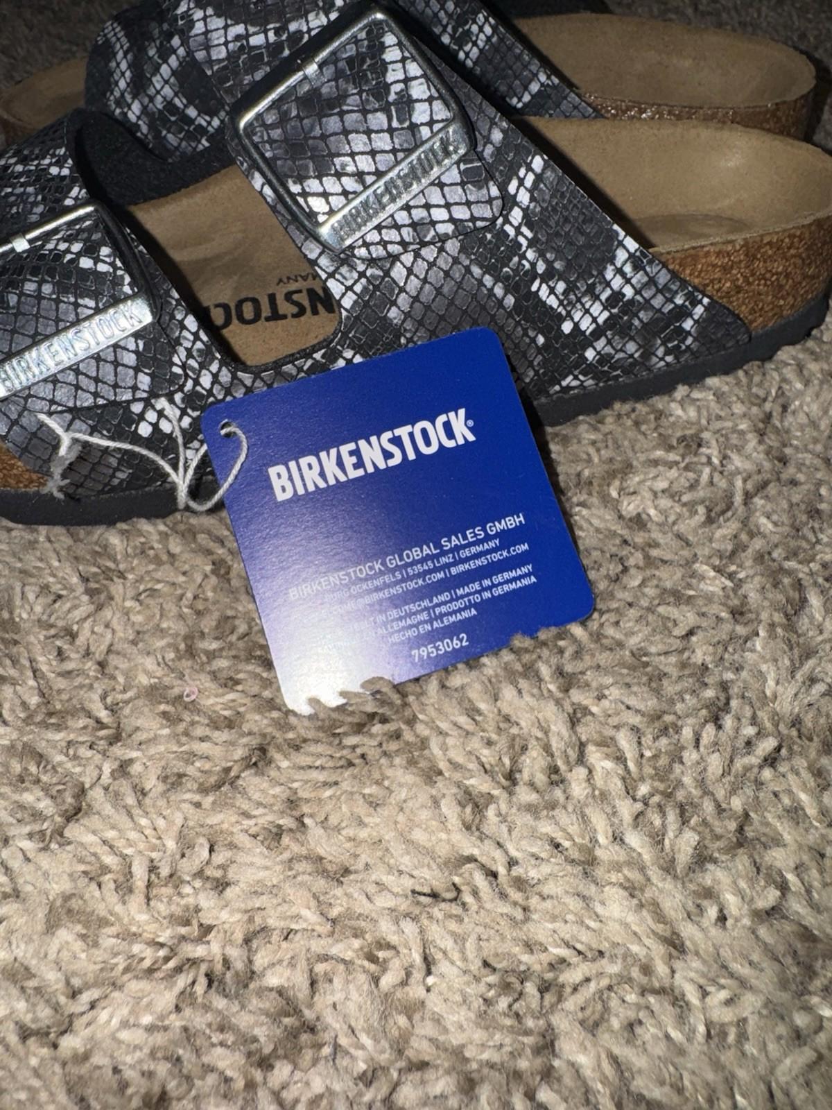 Birkenstock ARIZONA Birko-Flor Snake Print Slide Grey Sandals Women's 7 EUR 38
