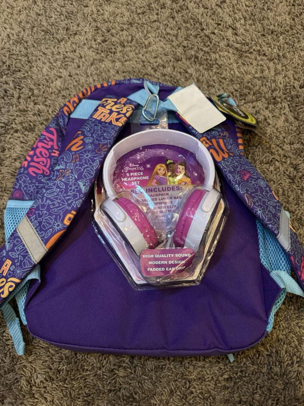 NEW! Disney Princess Kids 16" Backpack & Lunchbox Set With Headphones